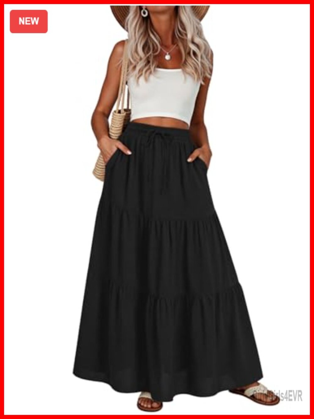 Womens Maxi Skirt Pleated Tiered A-Line Elastic Waist Midi Skirt with Pockets